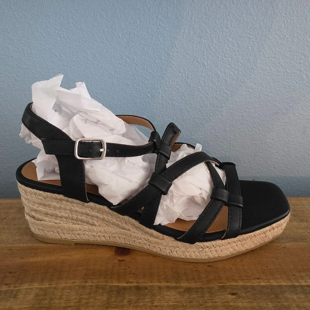 White‎ Mountain Womens Swayze Espadrille Wedge Sandal Black Strappy Buckle 6.5